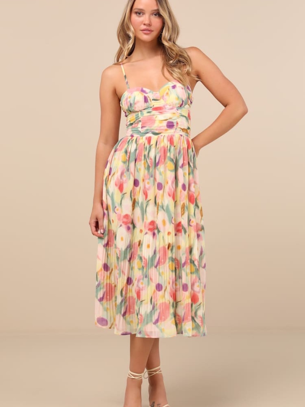 Lulus Aleyna Pleated Midi Dress in Pastel Yellow